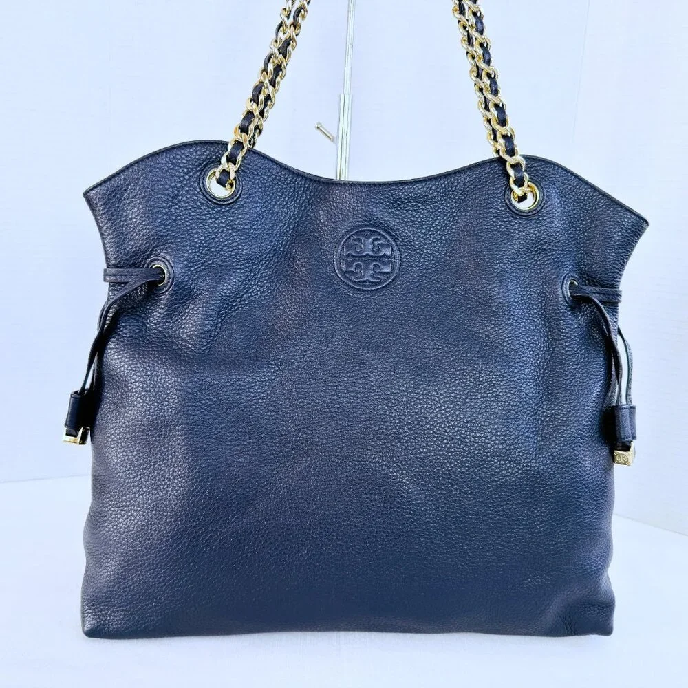 Tory Burch THEA Navy Blue Pebbled Leather‎ Gold Chain Shoulder Tote Bag